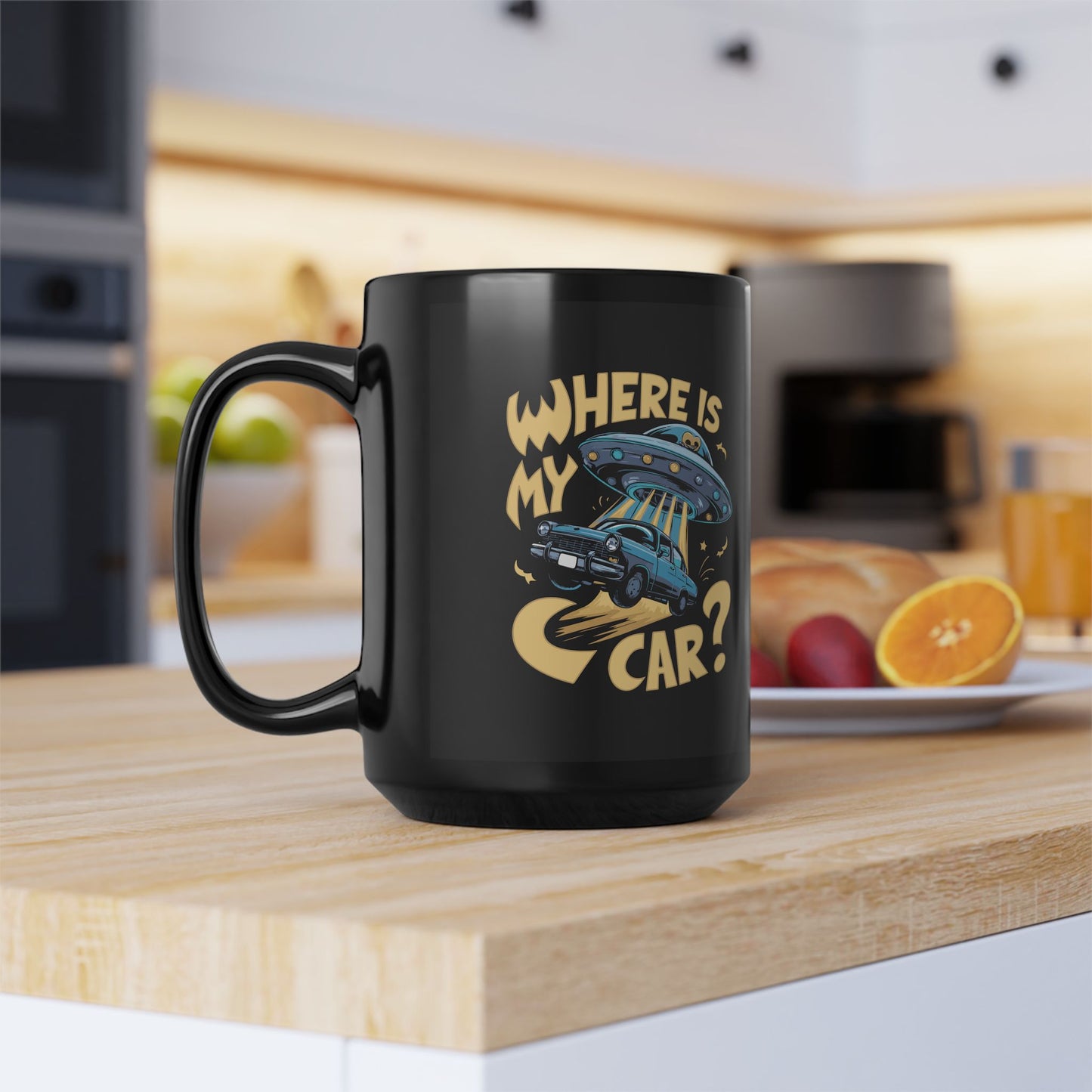 Funny UFO Car Mug – “Where Is My Car?” Alien Abduction Coffee Cup – Retro Sci-Fi Humor Black Ceramic Mug for Car Lovers (11 - 15 oz)