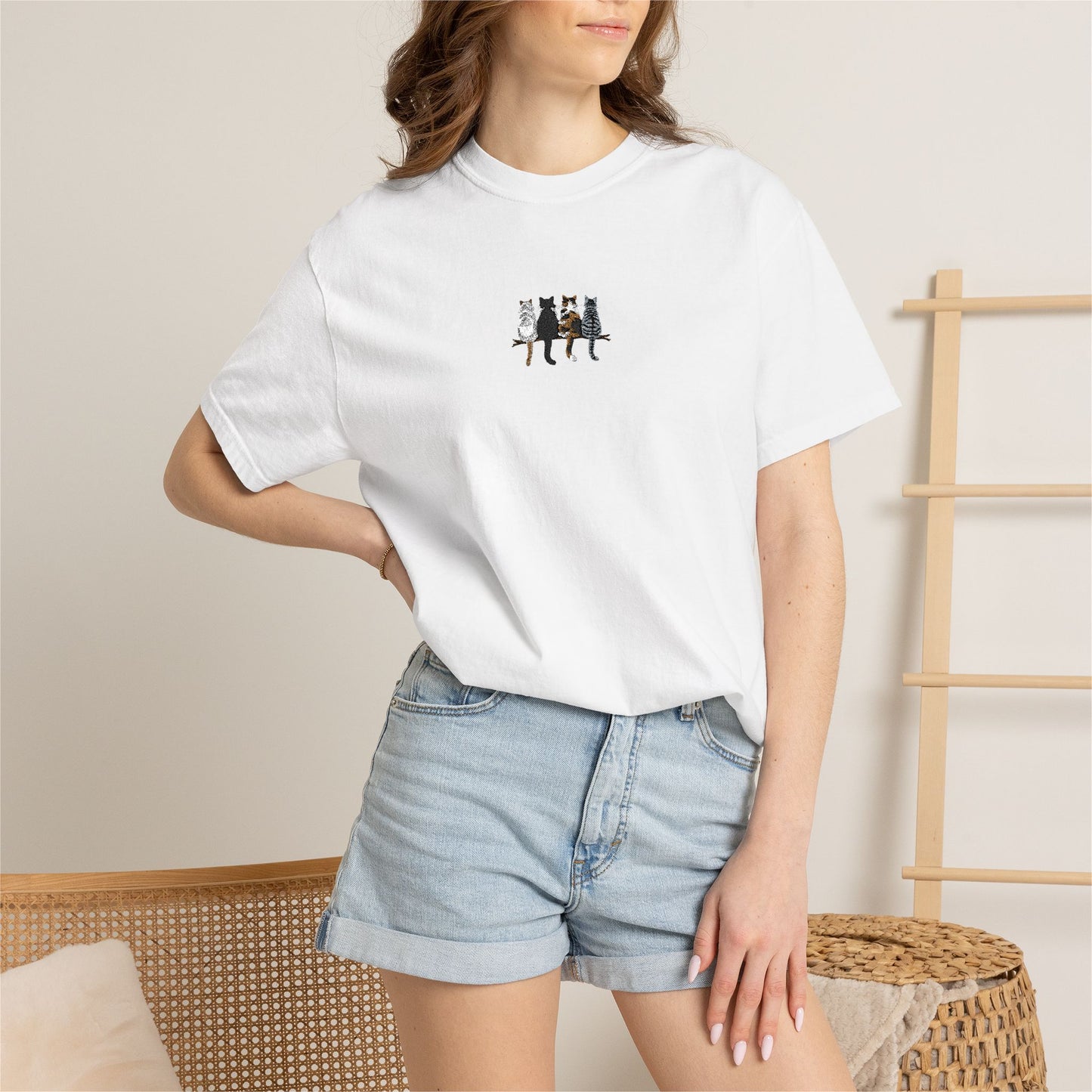 Embroidered Comfort Colors Cat T-Shirt — Cute Cat Patch Tee