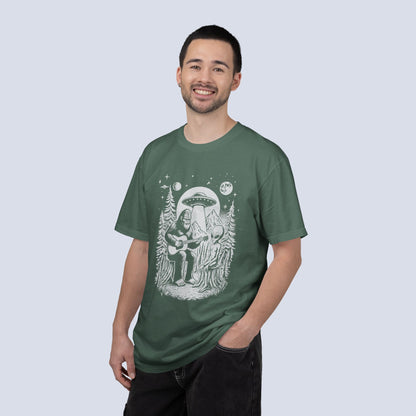 Alien & Bigfoot Campfire T-Shirt — Guitar-Playing Astronaut & UFO Night Scene