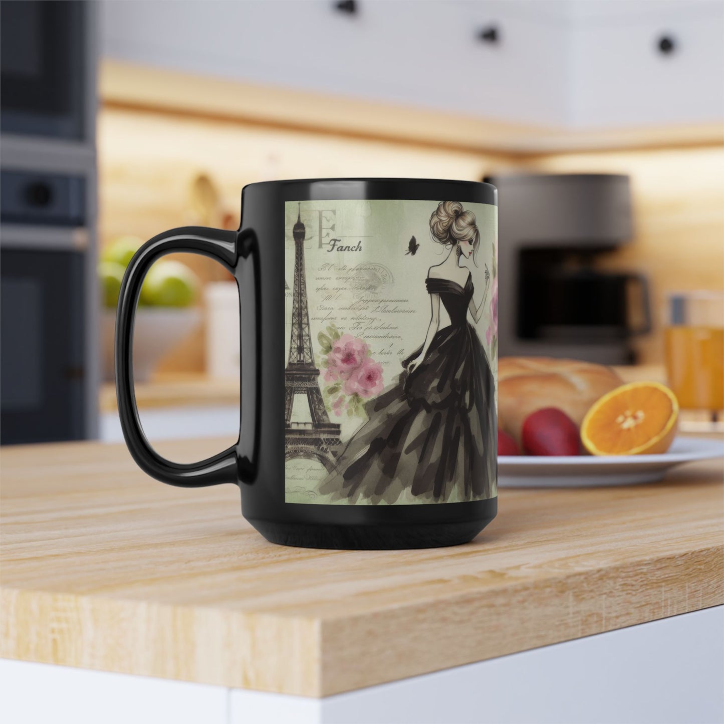 Parisian Daydream Black Mug – Romantic Eiffel Tower Watercolor Coffee Cup (15oz)