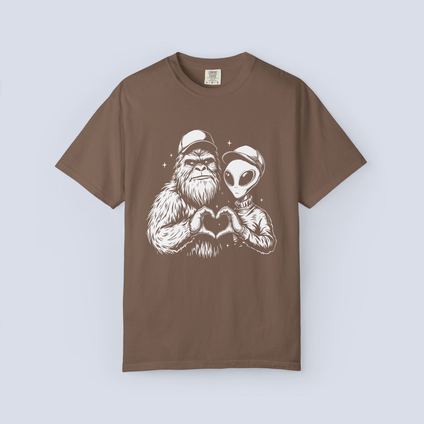 Alien & Sasquatch Heart Tee — Funny UFO Bigfoot Graphic T-Shirt