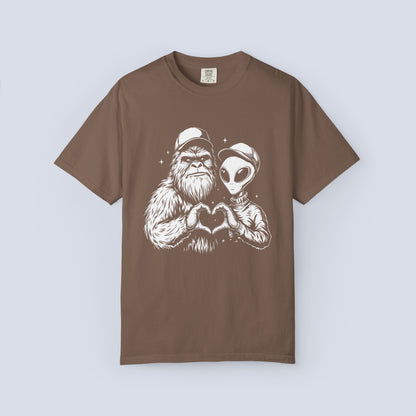 Alien & Sasquatch Heart Tee — Funny UFO Bigfoot Graphic T-Shirt