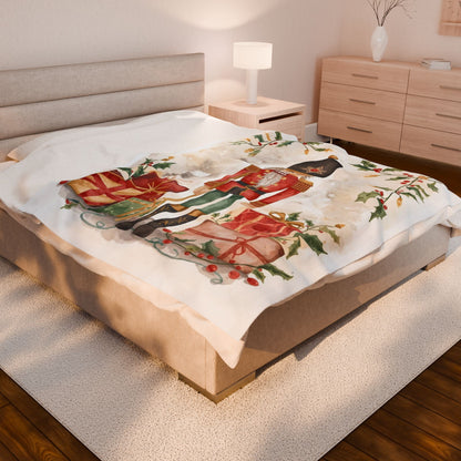 Nutcracker Christmas Velveteen Plush Blanket – Festive Holiday Throw with Presents & Holly