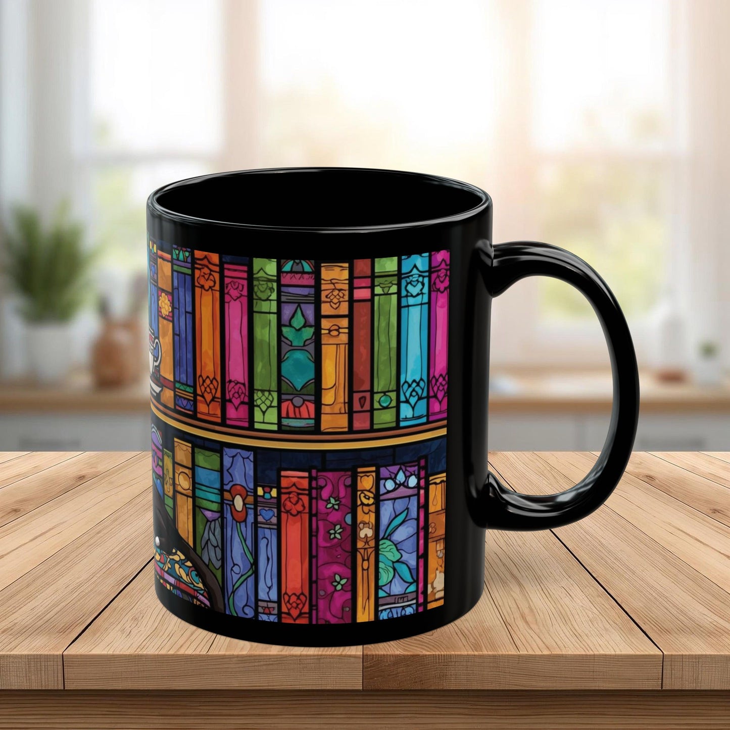 Black Cat Stained Glass Mug – Colorful Gothic Cat Coffee Mug, Artistic Cat Lover Gift, Vibrant Mosaic Cat Cup (11oz & 15oz)