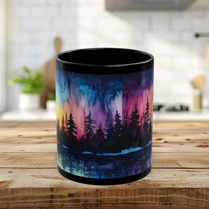 Aurora Forest Black Ceramic Mug | Northern Lights Nightscape Coffee Cup | 11oz & 15oz Mug