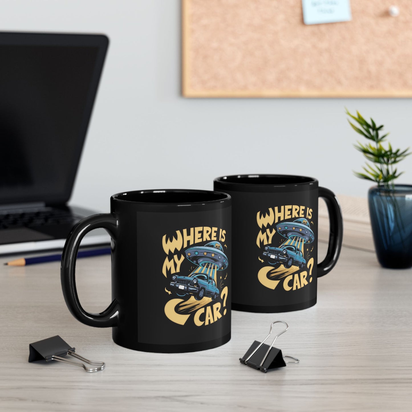 Funny UFO Car Mug – “Where Is My Car?” Alien Abduction Coffee Cup – Retro Sci-Fi Humor Black Ceramic Mug for Car Lovers (11 - 15 oz)
