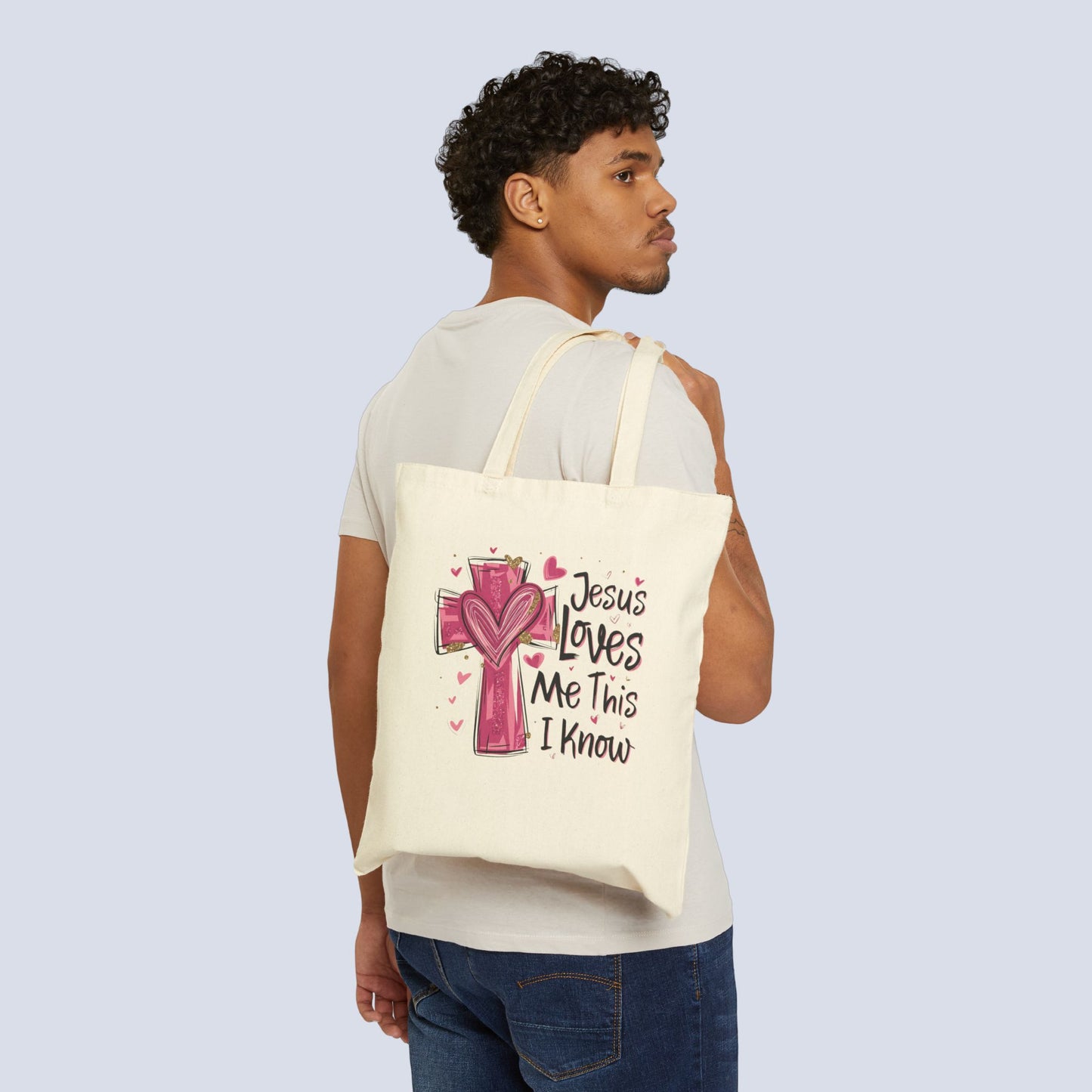 Jesus Loves Me Canvas Tote Bag – Faith Cross Heart Grocery & Church Shopper