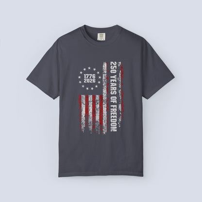 "250 Years of Freedom 1776–2026" Distressed American Flag Patriotic Tee