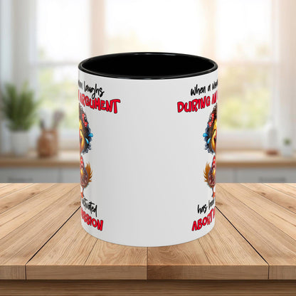 Coffee Mug — Funny Duck Design "When a Woman Laughs During an Argument"