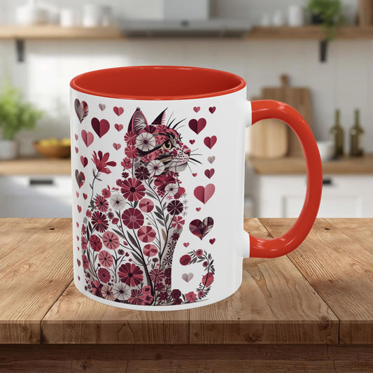 Floral Cat Heart Accent Coffee Mug — Gift Mug (11/15oz)