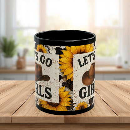 Let’s Go Girls Black Ceramic Mug, Country Sunflower Coffee Cup 11oz & 15oz