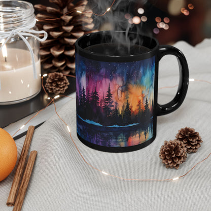 Aurora Forest Black Ceramic Mug | Northern Lights Nightscape Coffee Cup | 11oz & 15oz Mug