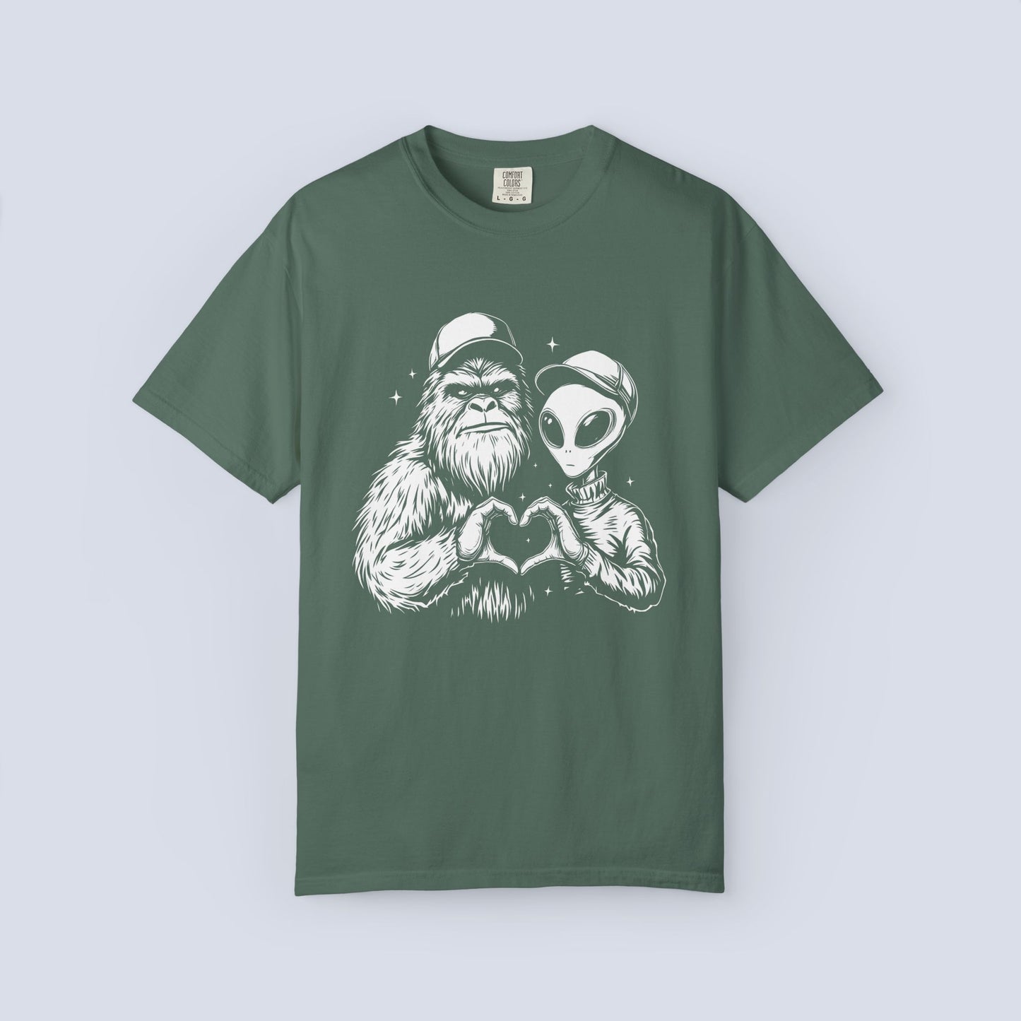 Alien & Sasquatch Heart Tee — Funny UFO Bigfoot Graphic T-Shirt
