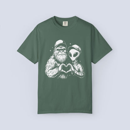 Alien & Sasquatch Heart Tee — Funny UFO Bigfoot Graphic T-Shirt
