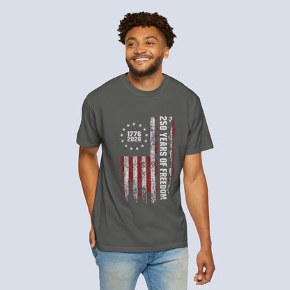 "250 Years of Freedom 1776–2026" Distressed American Flag Patriotic Tee