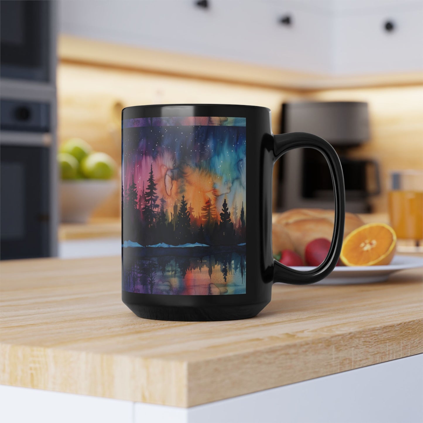 Aurora Forest Black Ceramic Mug | Northern Lights Nightscape Coffee Cup | 11oz & 15oz Mug