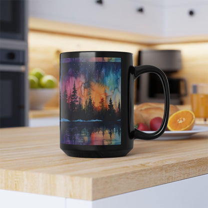 Aurora Forest Black Ceramic Mug | Northern Lights Nightscape Coffee Cup | 11oz & 15oz Mug