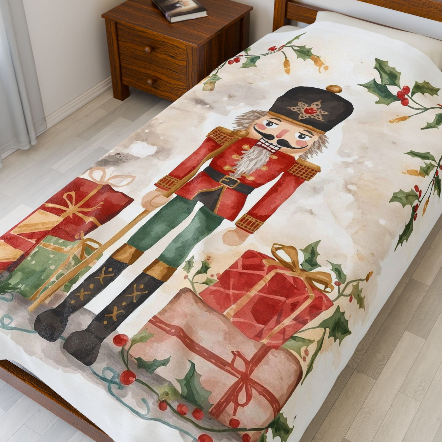 Nutcracker Christmas Velveteen Plush Blanket – Festive Holiday Throw with Presents & Holly