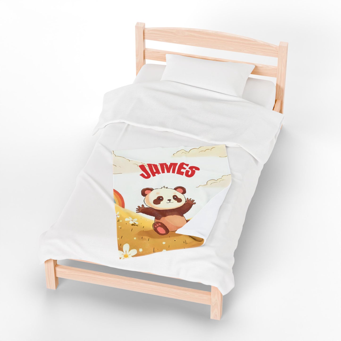 Personalized Kids Panda Blanket – Custom Name Plush Throw with Rainbows, Flowers & Cute Cartoon Panda| Soft Nursery & Toddler Gift