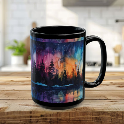Aurora Forest Black Ceramic Mug | Northern Lights Nightscape Coffee Cup | 11oz & 15oz Mug