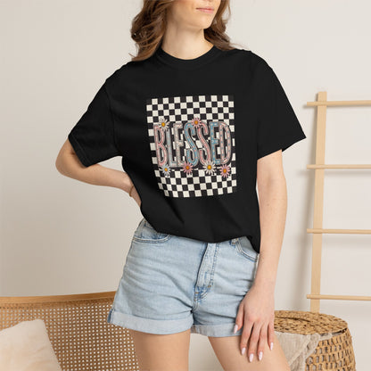 Blessed Checkerboard Floral Shirt | Retro Aesthetic Graphic Tee | Cute Trendy Boutique T-Shirt | Comfort Colors 1717 Unisex Tee