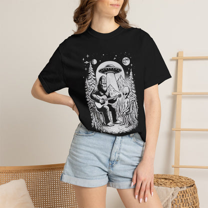 Alien & Bigfoot Campfire T-Shirt — Guitar-Playing Astronaut & UFO Night Scene
