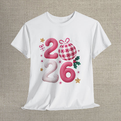 2026 Christmas Knit Style T-Shirt – Cozy Holiday Graphic Tee with Pink Plaid Ornament & Festive Details