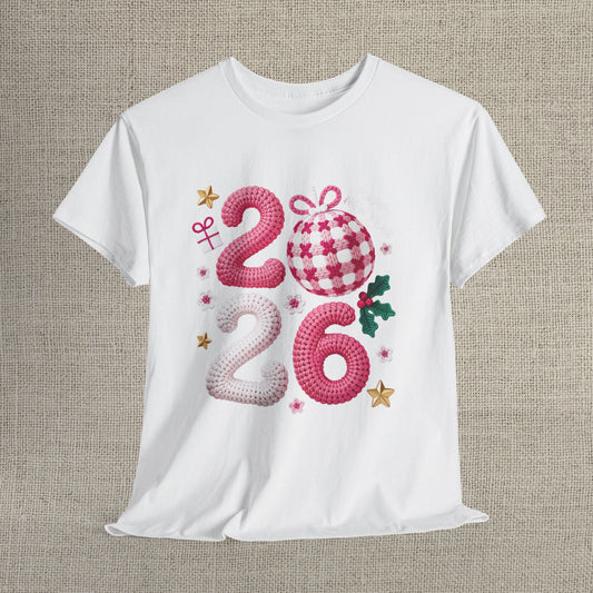 2026 Christmas Knit Style T-Shirt – Cozy Holiday Graphic Tee with Pink Plaid Ornament & Festive Details