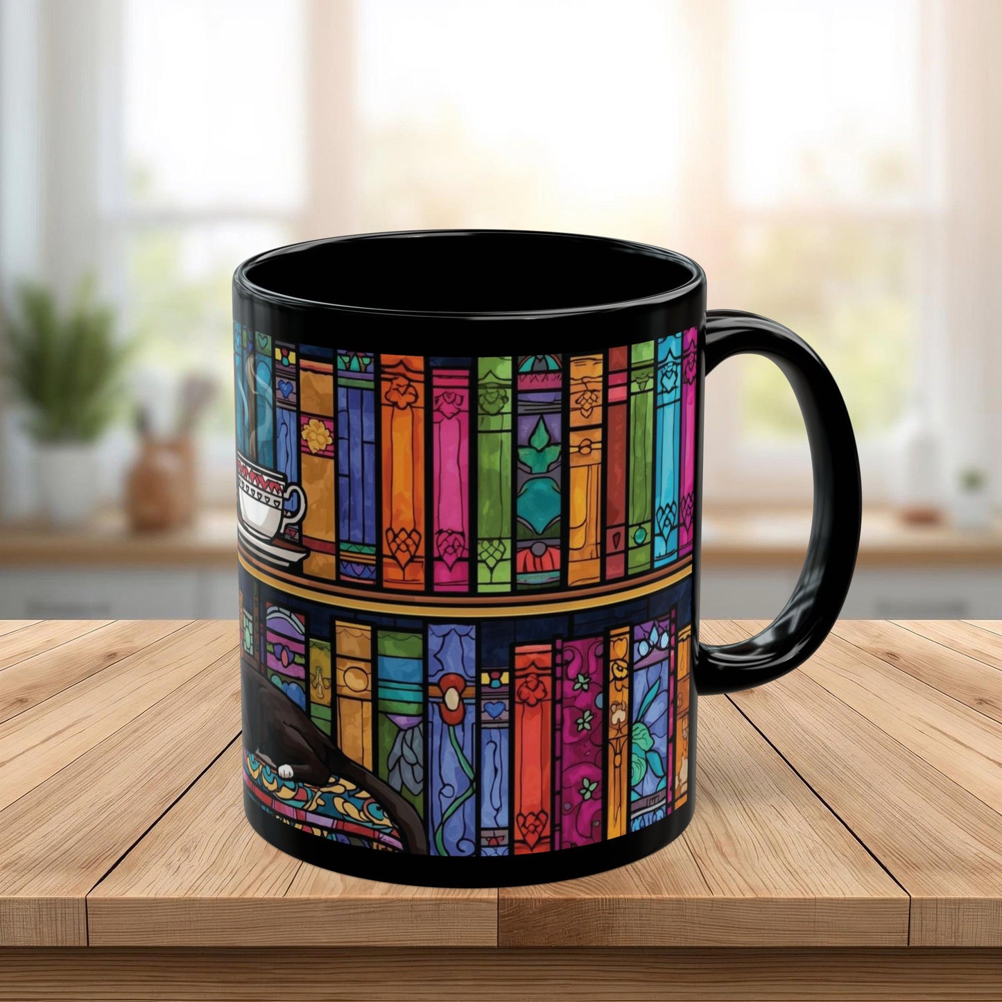 Black Cat Stained Glass Mug – Colorful Gothic Cat Coffee Mug, Artistic Cat Lover Gift, Vibrant Mosaic Cat Cup (11oz & 15oz)