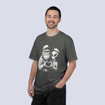 Alien & Sasquatch Heart Tee — Funny UFO Bigfoot Graphic T-Shirt