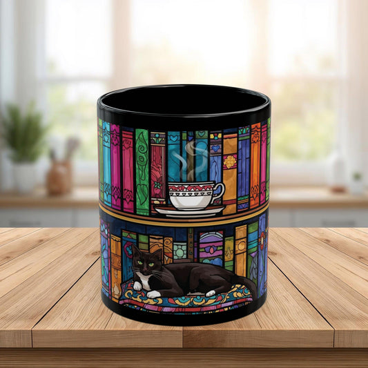 Black Cat Stained Glass Mug – Colorful Gothic Cat Coffee Mug, Artistic Cat Lover Gift, Vibrant Mosaic Cat Cup (11oz & 15oz)