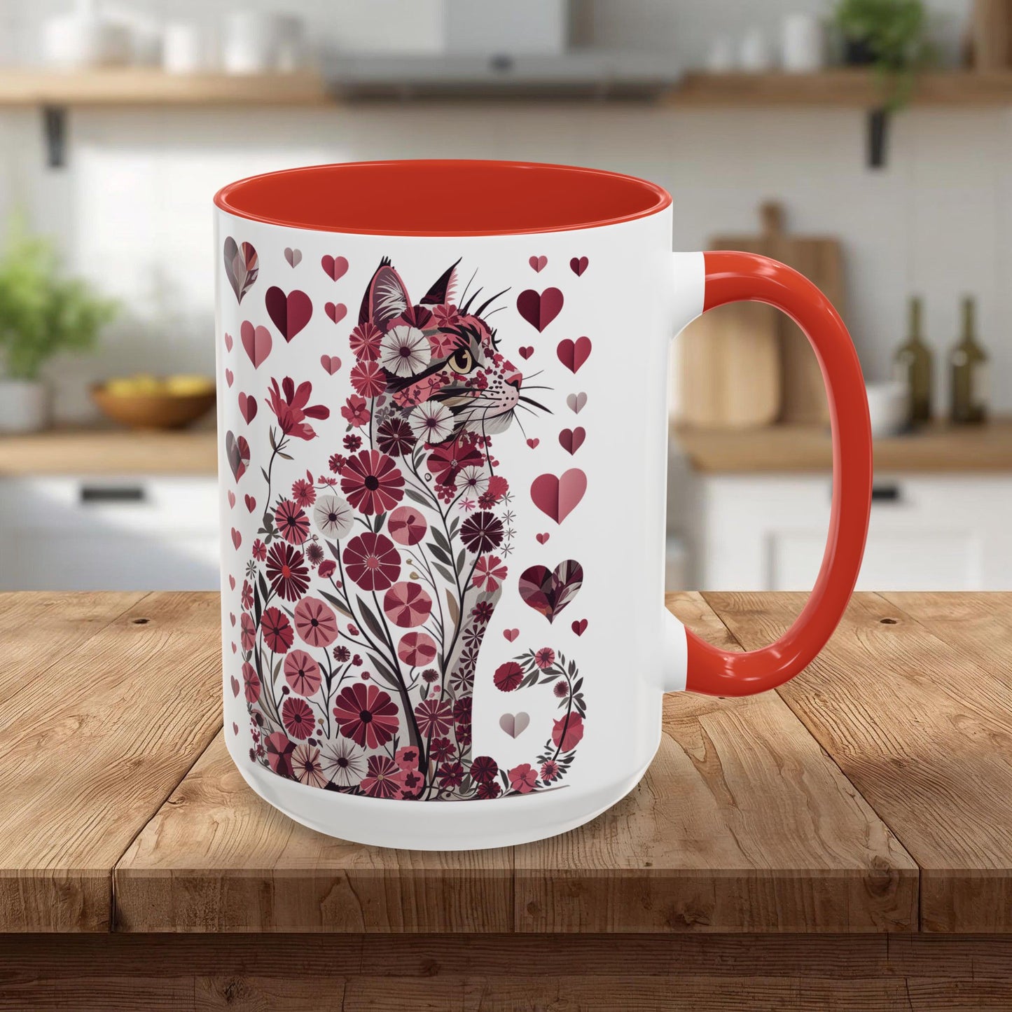 Floral Cat Heart Accent Coffee Mug — Gift Mug (11/15oz)