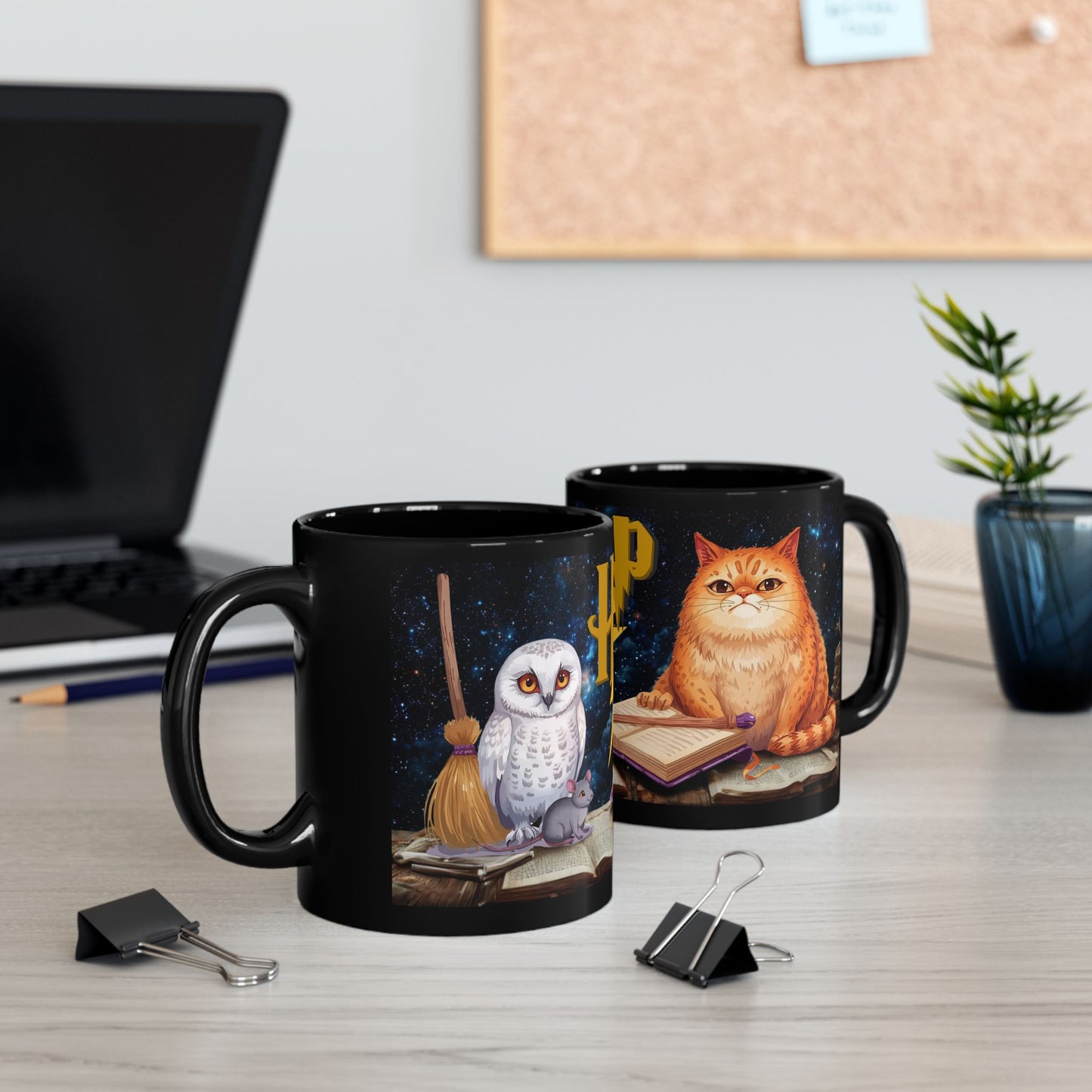 Magical Owl & Cat Mug – Black Fantasy Coffee Cup 11 oz-15 oz