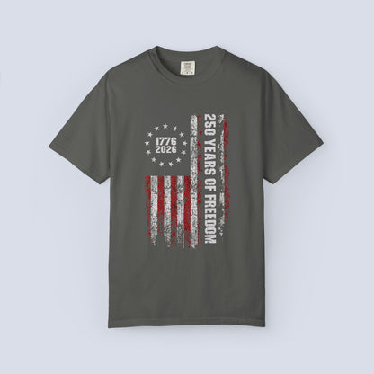 "250 Years of Freedom 1776–2026" Distressed American Flag Patriotic Tee