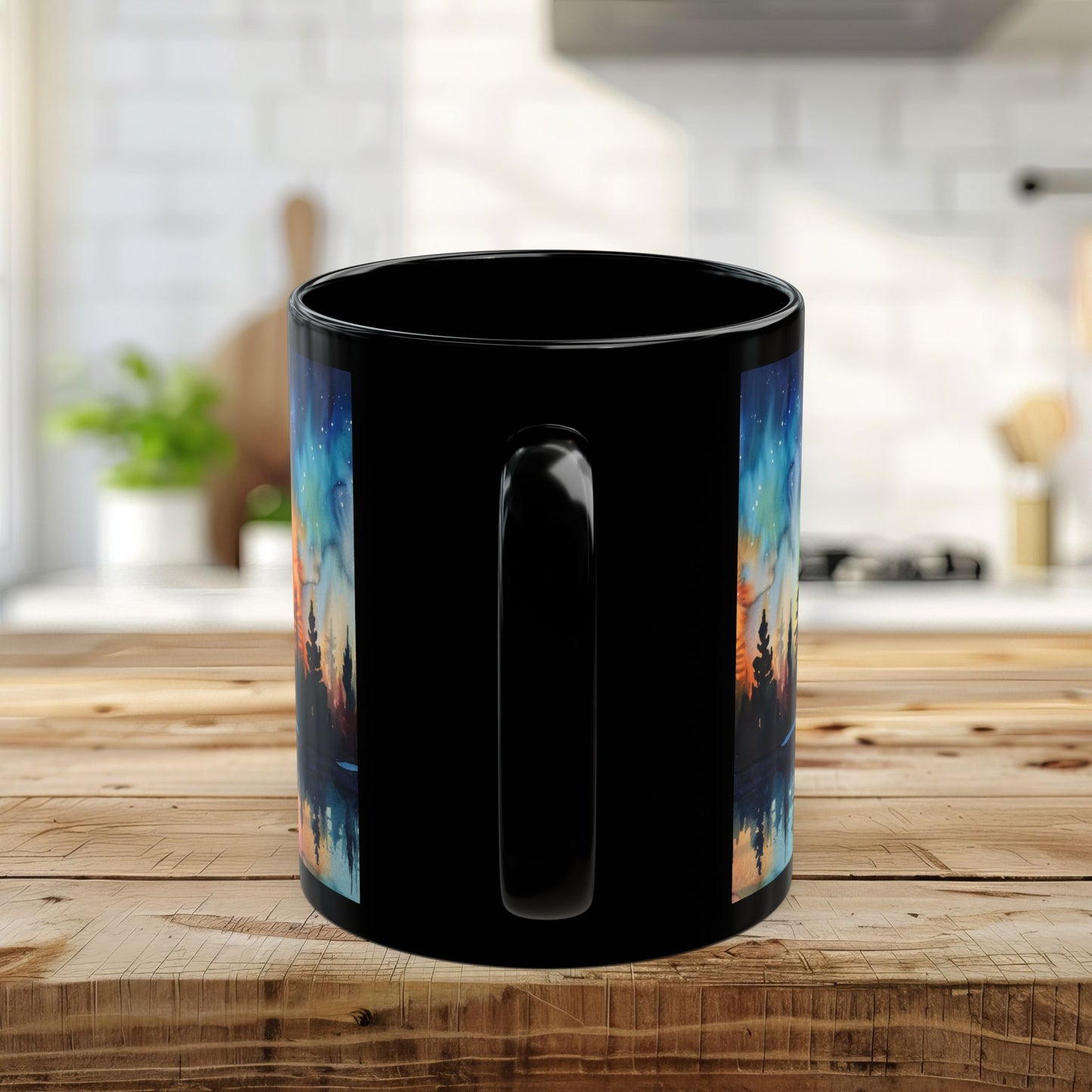 Aurora Forest Black Ceramic Mug | Northern Lights Nightscape Coffee Cup | 11oz & 15oz Mug