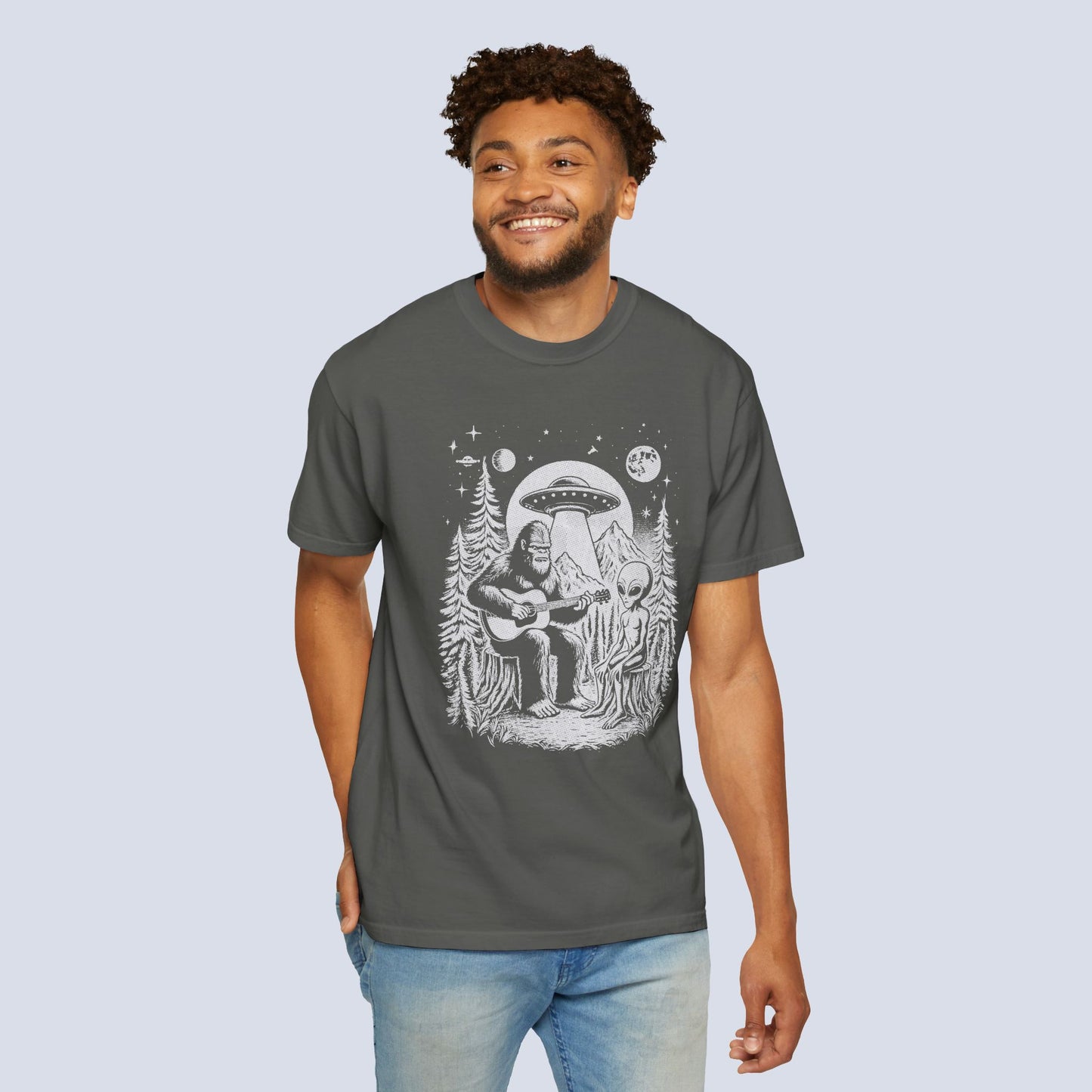 Alien & Bigfoot Campfire T-Shirt — Guitar-Playing Astronaut & UFO Night Scene