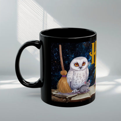 Magical Owl & Cat Mug – Black Fantasy Coffee Cup 11 oz-15 oz
