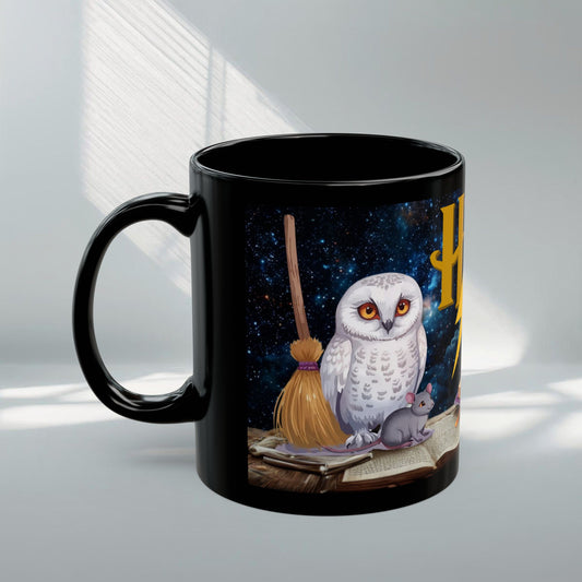 Magical Owl & Cat Mug – Black Fantasy Coffee Cup 11 oz-15 oz