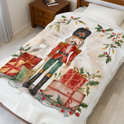 Nutcracker Christmas Velveteen Plush Blanket – Festive Holiday Throw with Presents & Holly