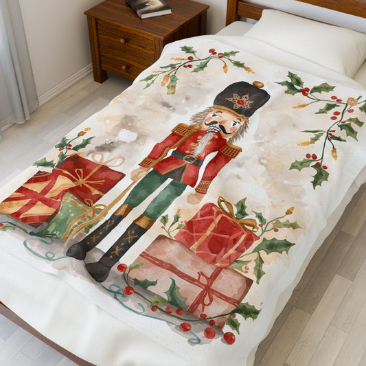 Nutcracker Christmas Velveteen Plush Blanket – Festive Holiday Throw with Presents & Holly