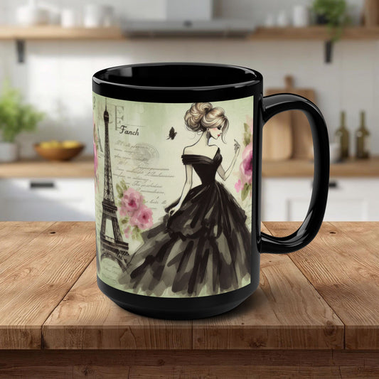 Parisian Daydream Black Mug – Romantic Eiffel Tower Watercolor Coffee Cup (15oz)