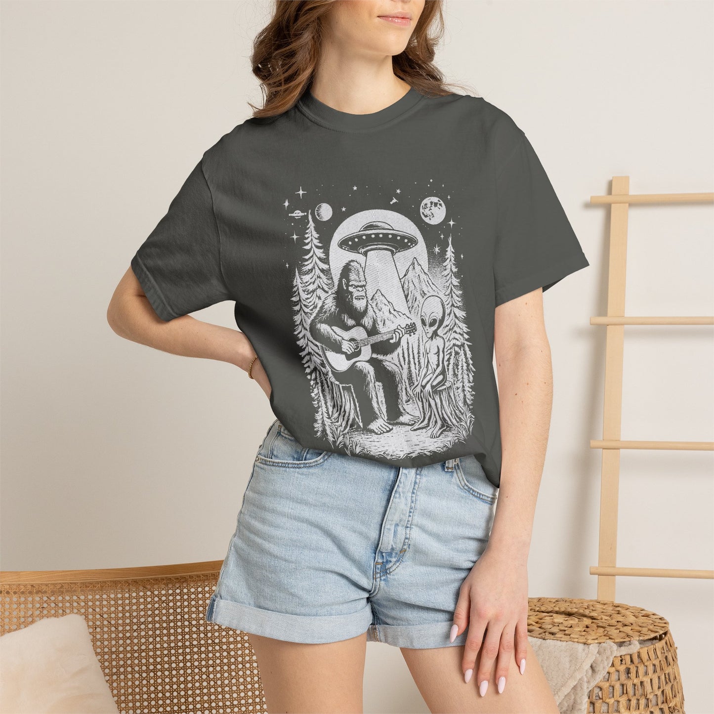 Alien & Bigfoot Campfire T-Shirt — Guitar-Playing Astronaut & UFO Night Scene