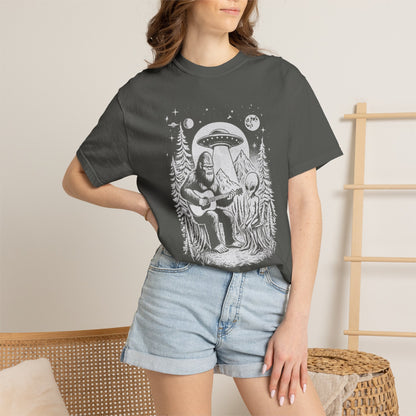 Alien & Bigfoot Campfire T-Shirt — Guitar-Playing Astronaut & UFO Night Scene