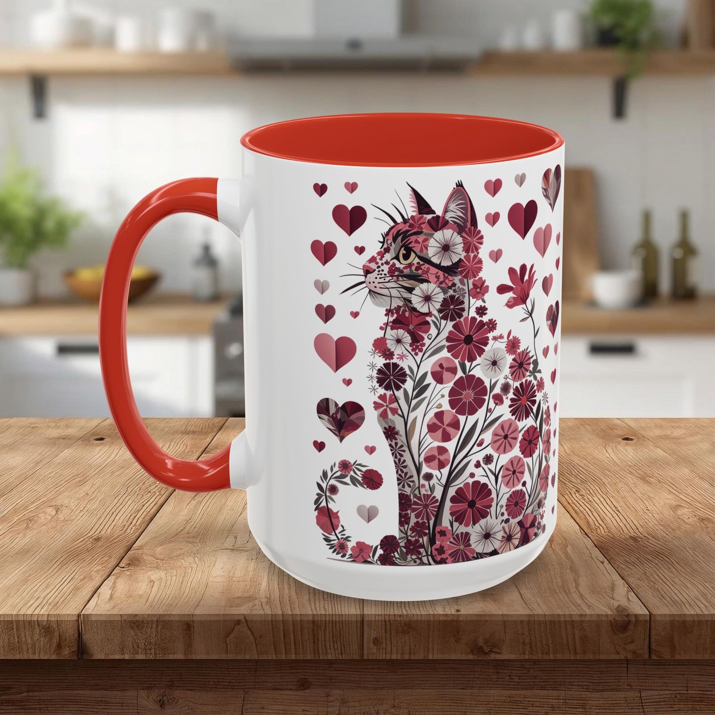 Floral Cat Heart Accent Coffee Mug — Gift Mug (11/15oz)