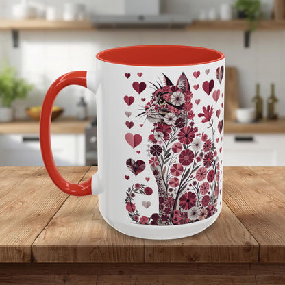 Floral Cat Heart Accent Coffee Mug — Gift Mug (11/15oz)