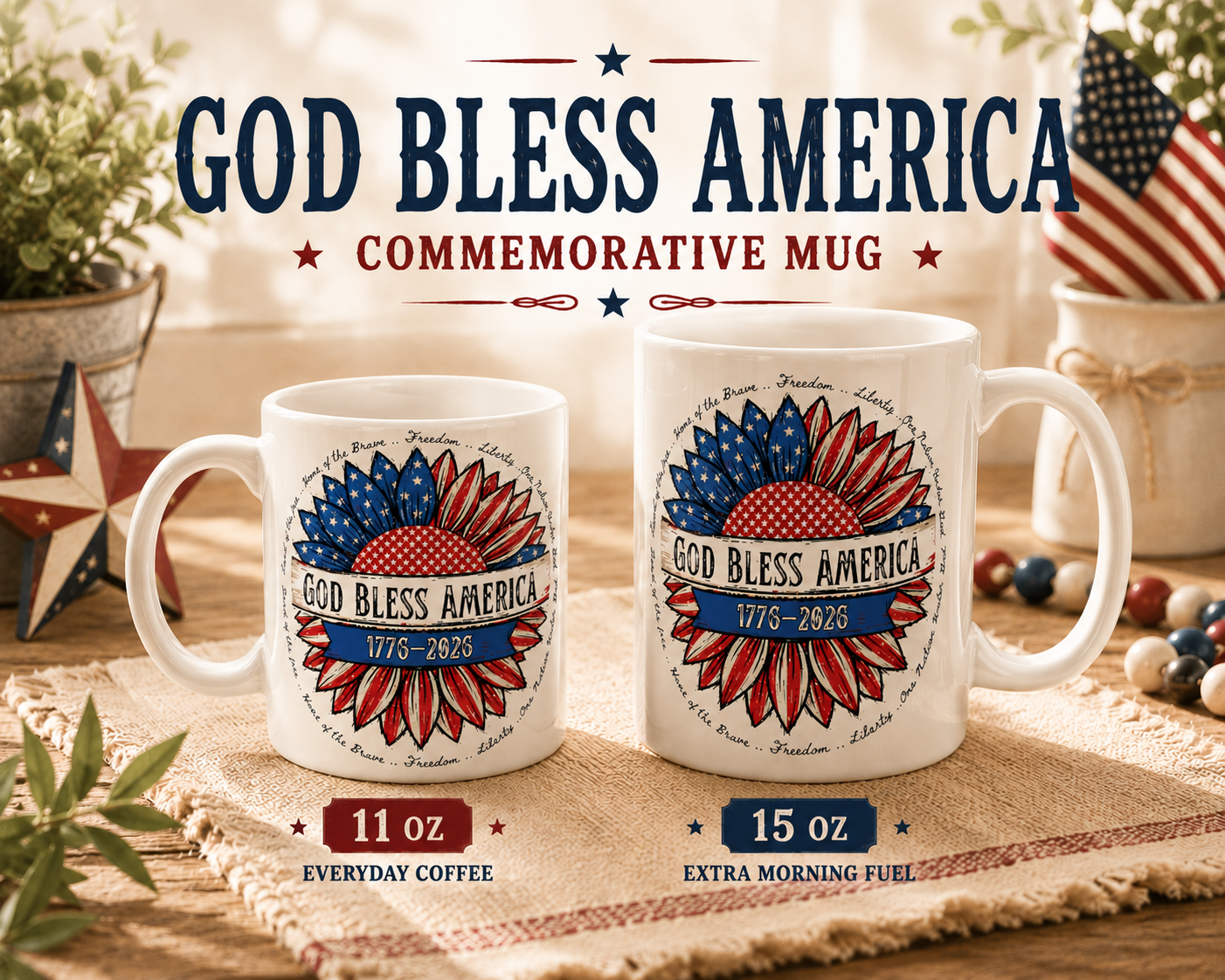 God Bless America Ceramic Mug — Patriotic 4th of July Coffee Cup (11oz & 15oz)