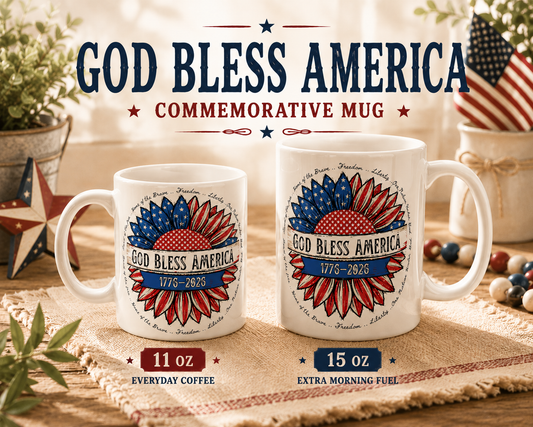 God Bless America Ceramic Mug — Patriotic 4th of July Coffee Cup (11oz & 15oz)