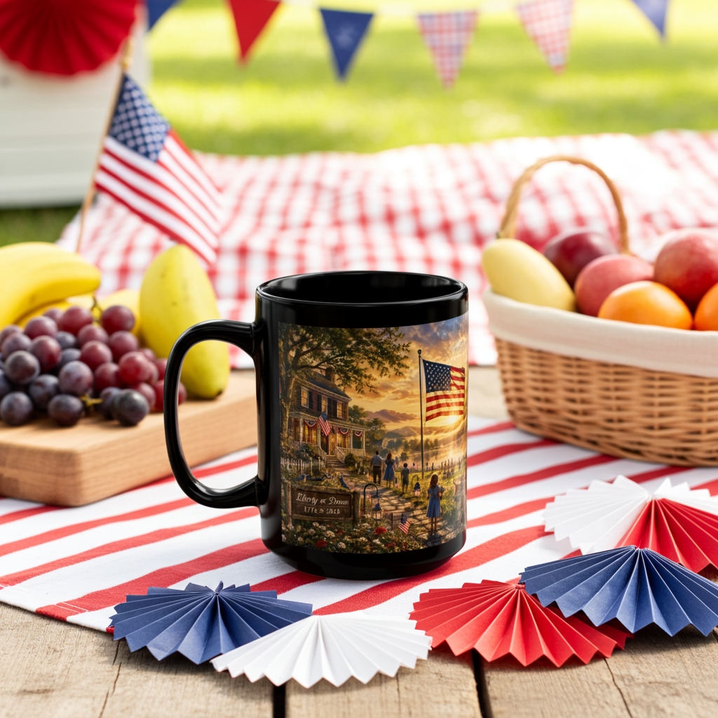 250 Years of Freedom Black Mug( Liberty at Dawn) Collector's Edition — 1776–2026 Patriotic American Flag Coffee Cup