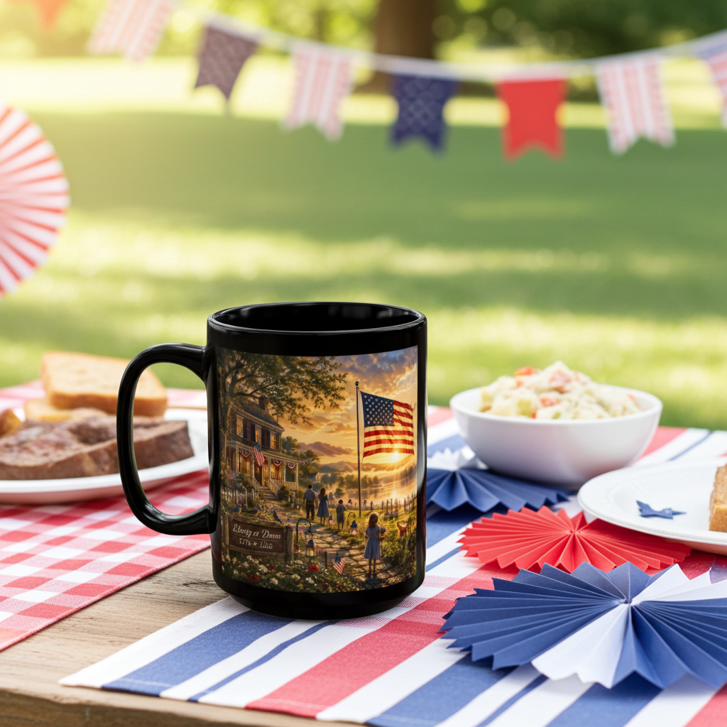 250 Years of Freedom Black Mug( Liberty at Dawn) Collector's Edition — 1776–2026 Patriotic American Flag Coffee Cup
