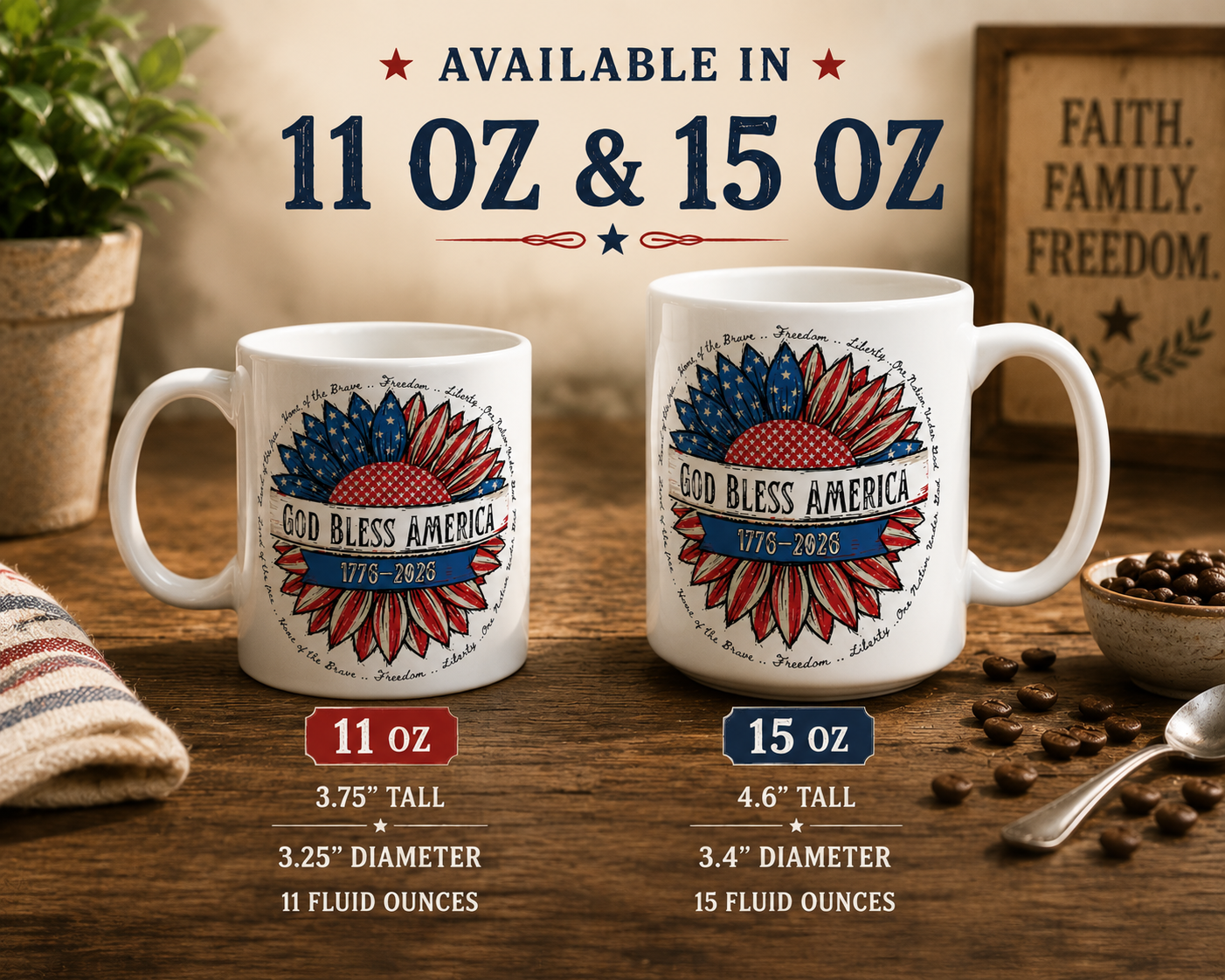 God Bless America Ceramic Mug — Patriotic 4th of July Coffee Cup (11oz & 15oz)